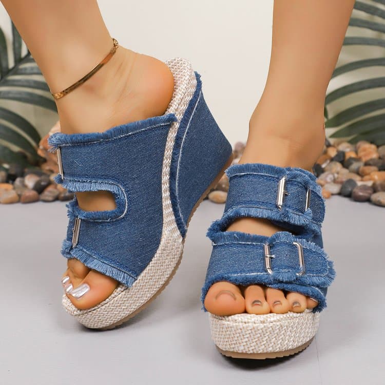 Plus Size Women's New Denim Slip-On Mule Sandals, Block Heel