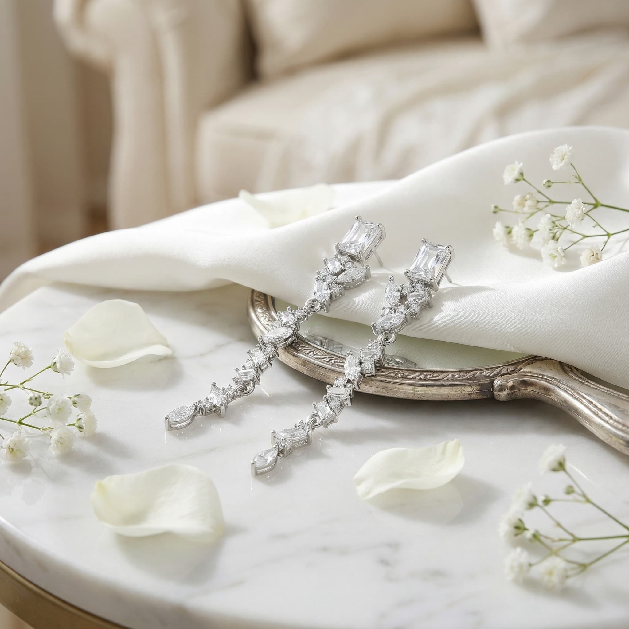 925 Sterling Silver Elegant Silver Crystal Dangle Earrings