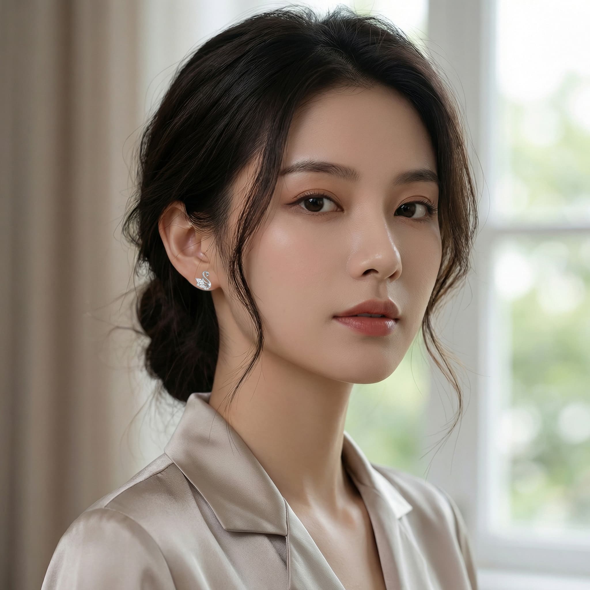 925 Sterling Silver Elegant Silver-Tone Swan Stud Earrings