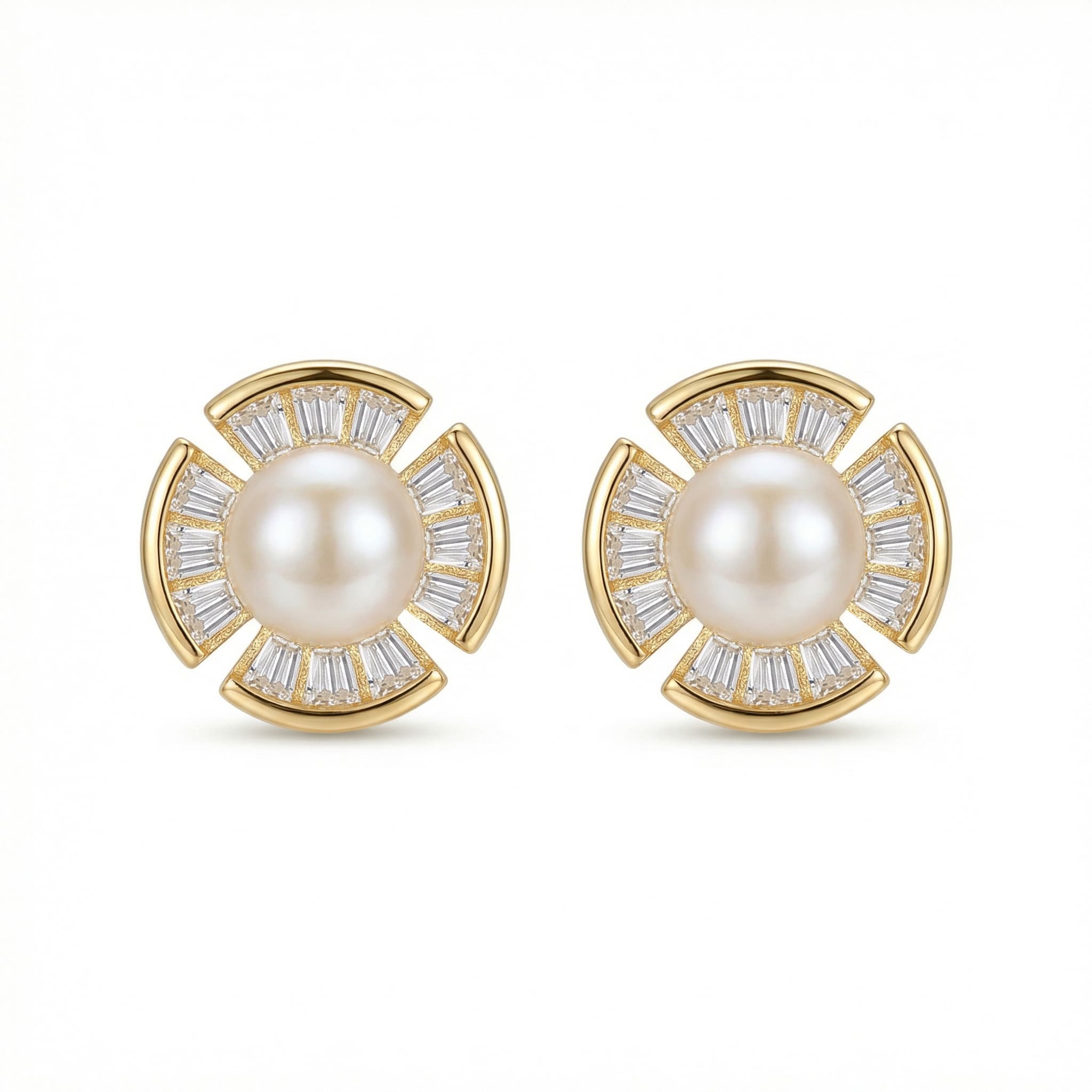 925 Sterling Silver Radiant Pearl and Baguette-Cut Fan-Shaped