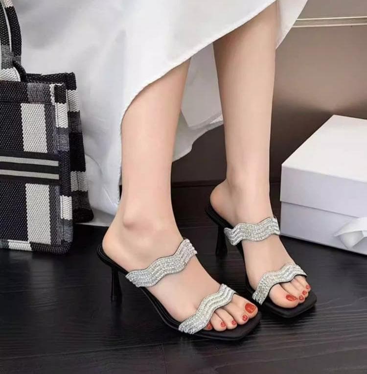 Water Diamond Straight Strap Slippers For Women, High Heels