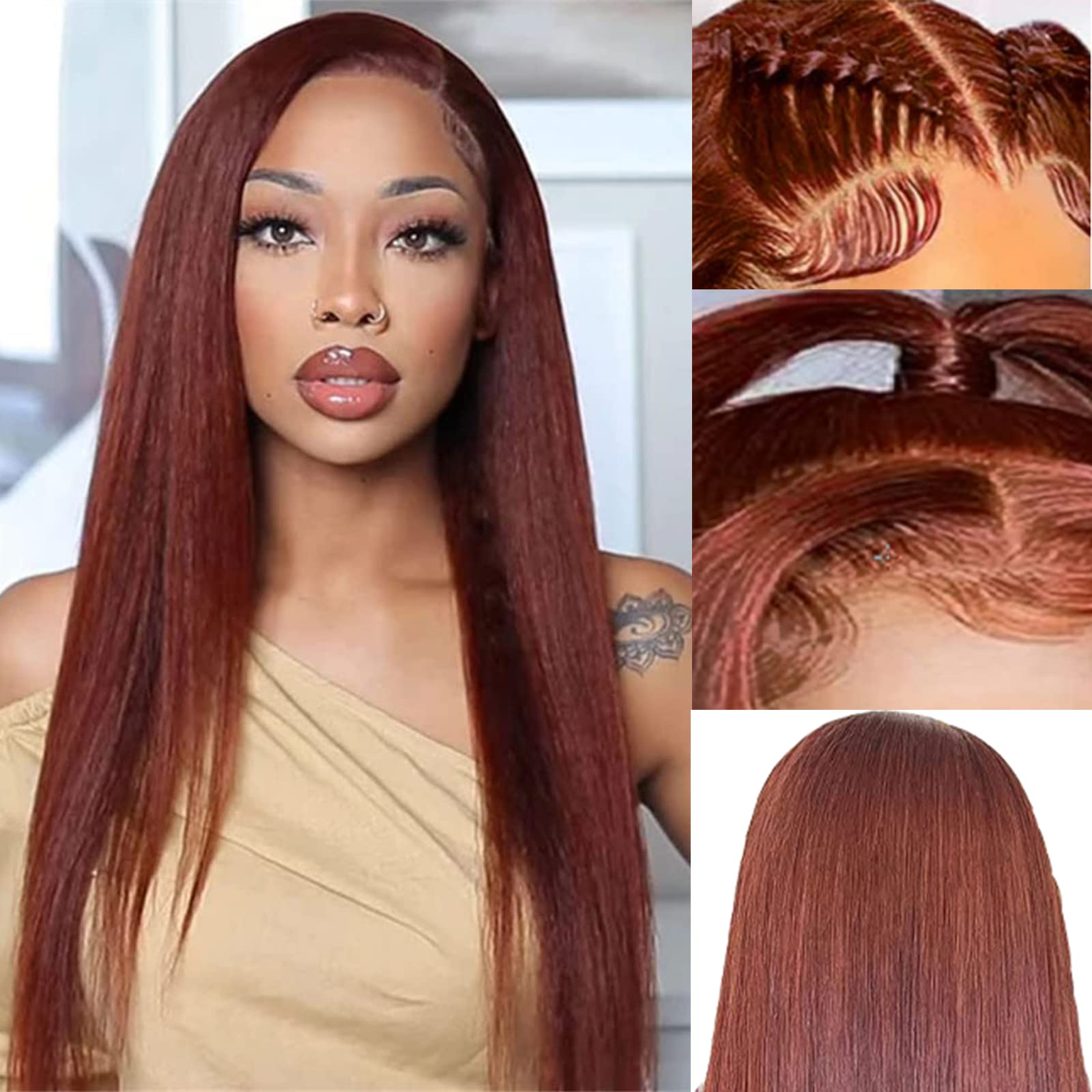 4x4 Lace Closure Human Hair Wig, Reddish Brown Straight Wig