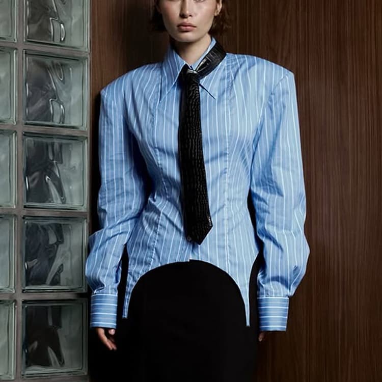 Commuter Long-sleeved Black Tie Shirt With Irregular Hem
