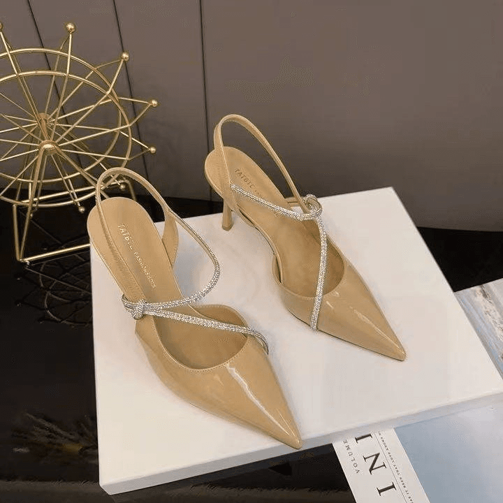 French Style Patent Leather Nude Rhinestone Closed Toe Sandals