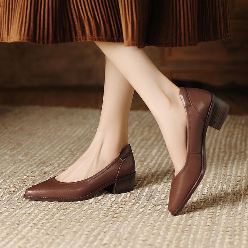French-style Pointed-toe Low-cut Mid-heel Leather Shoes