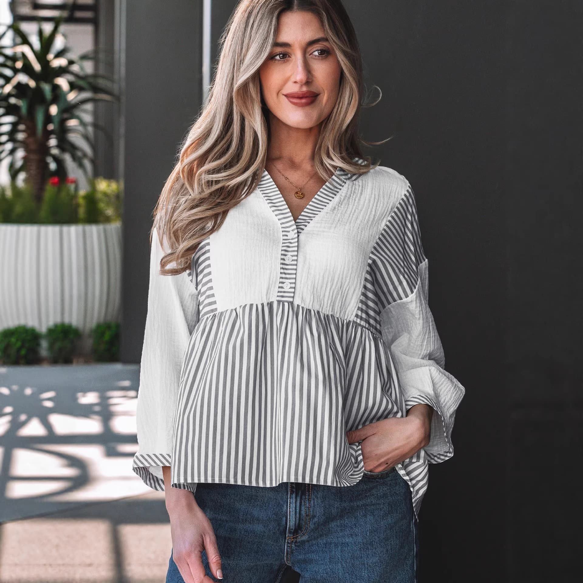 Fashionable Striped Printed Loose Top For Women