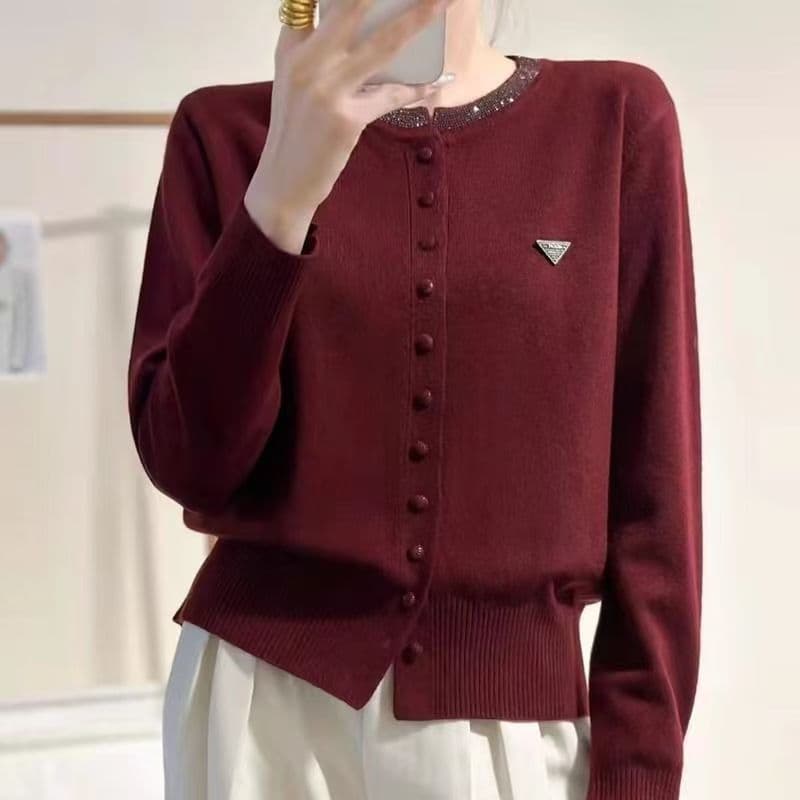 Round-Neck, Diamond-Embellished, Solid-Colored Knit Cardigan