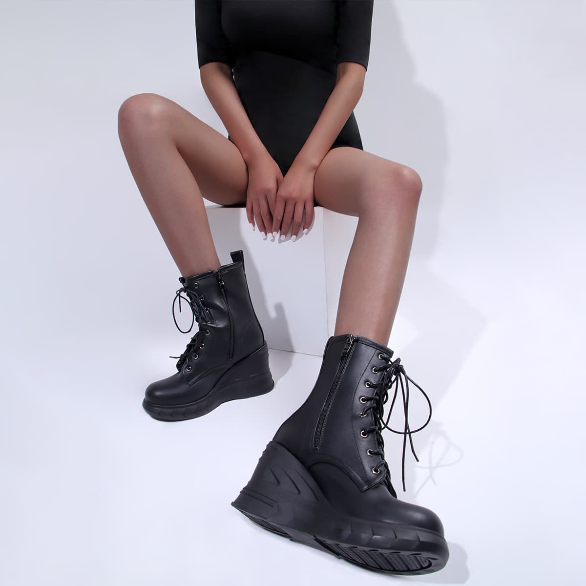 Simple Wedge Ankle Boots With Front Lacing