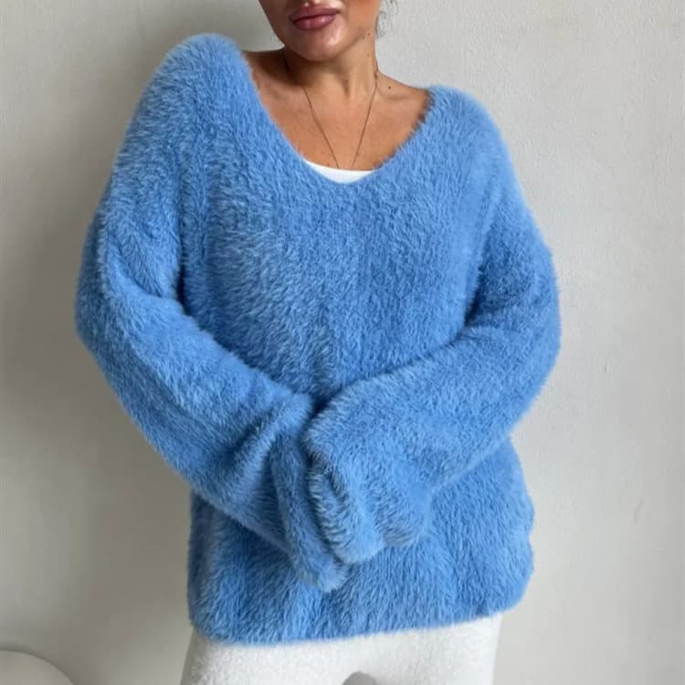 Solid-Colored Long-Sleeve V-Neck Faux Mink Velvet Knit Sweater