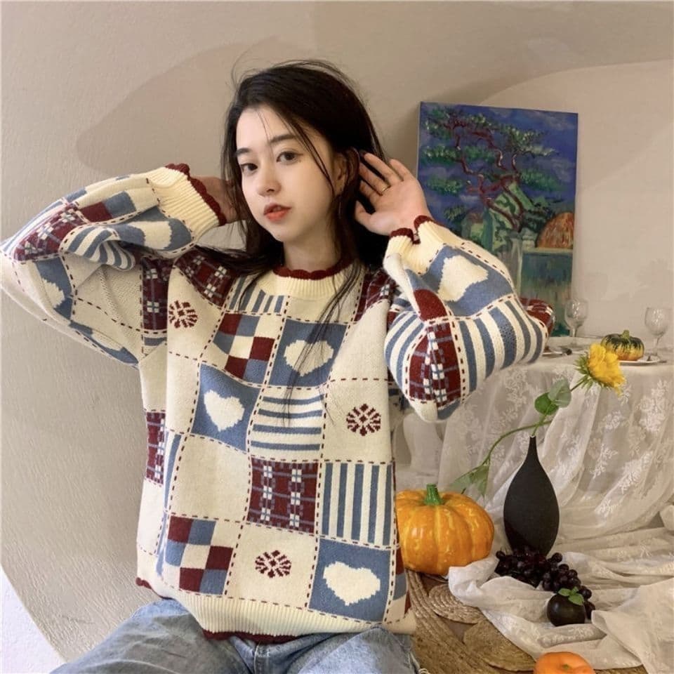 Japanese-style Retro Color-Block Heart Sweater Knitted Top