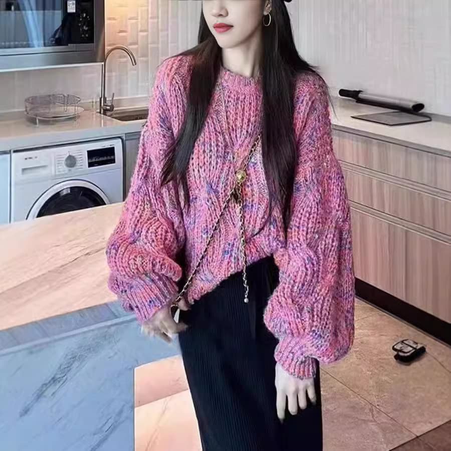 Loose-fitting Colorful Lantern-sleeve Knit Sweater