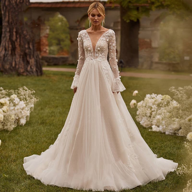 See-through Wedding Long Sleeve Embroidered Deep V Puffy