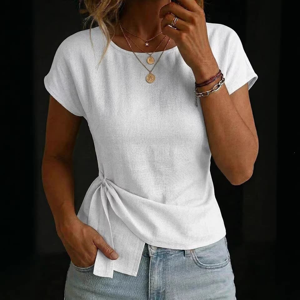 Short-sleeve Crewneck Casual T-shirt With An Asymmetrical Hem