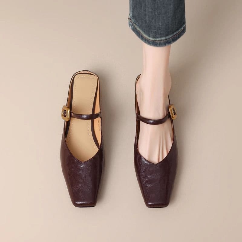 Retro Square-Toe Chunky-Heel Closed-Toe Half Slippers