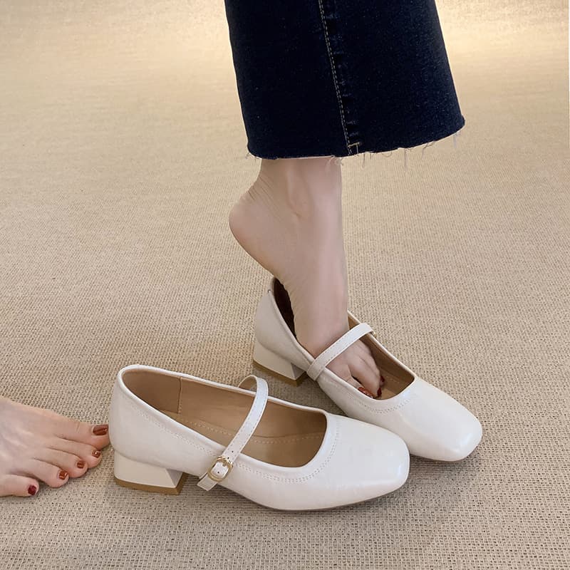 Chunky-heeled Square-toe Slingback Versatile Mid-heel Womens