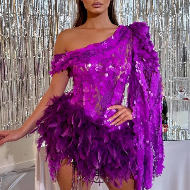 Purple Sequined Feather Skirt One-shoulder Sleeve Short Dress