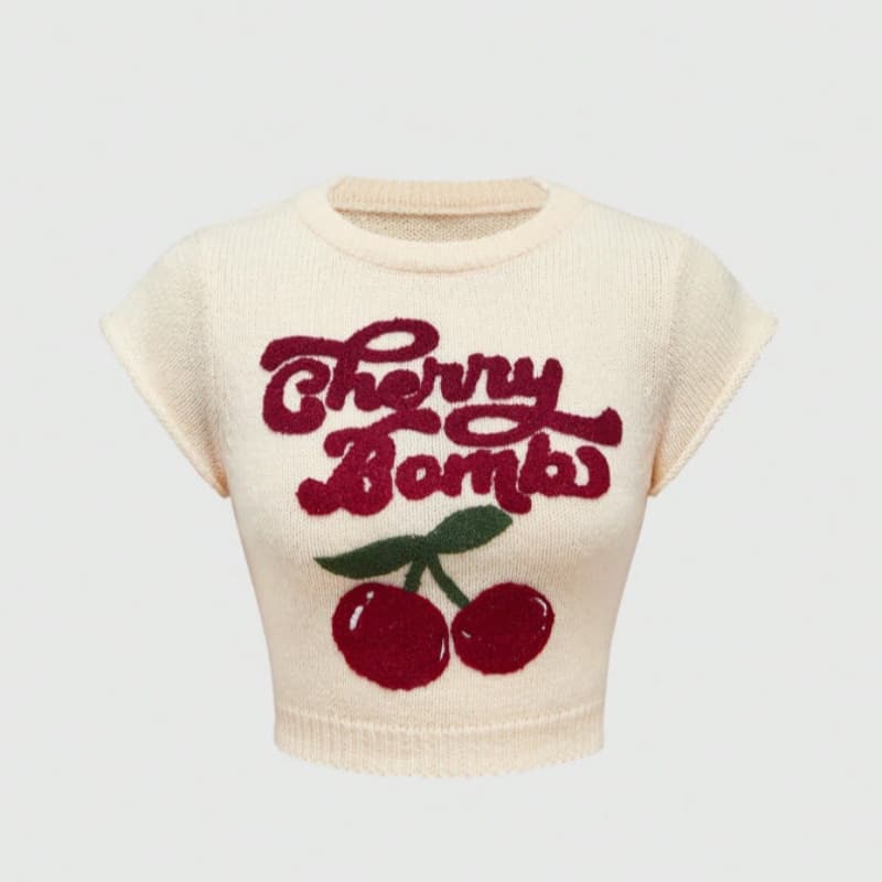 Cherry Knitted Sweater Crew Neck, Loose-fit Top