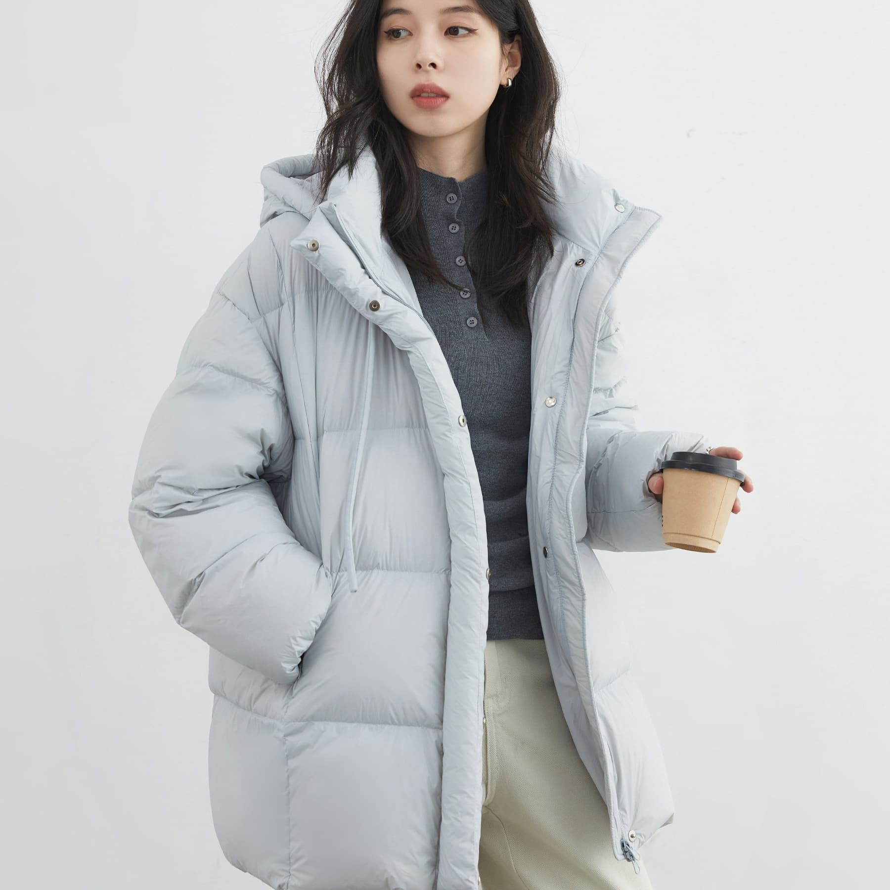 Mid-length 90 White Duck Down Puffer Coat With Hood