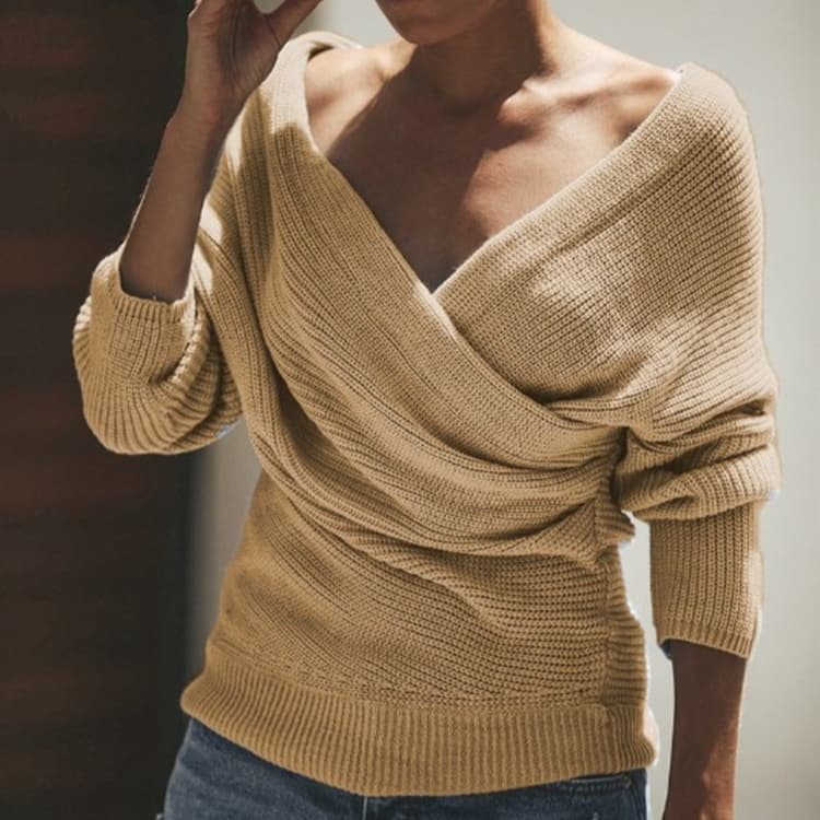 Crew-neck Off-shoulder Casual Cross-over Fitted Knit Sweater